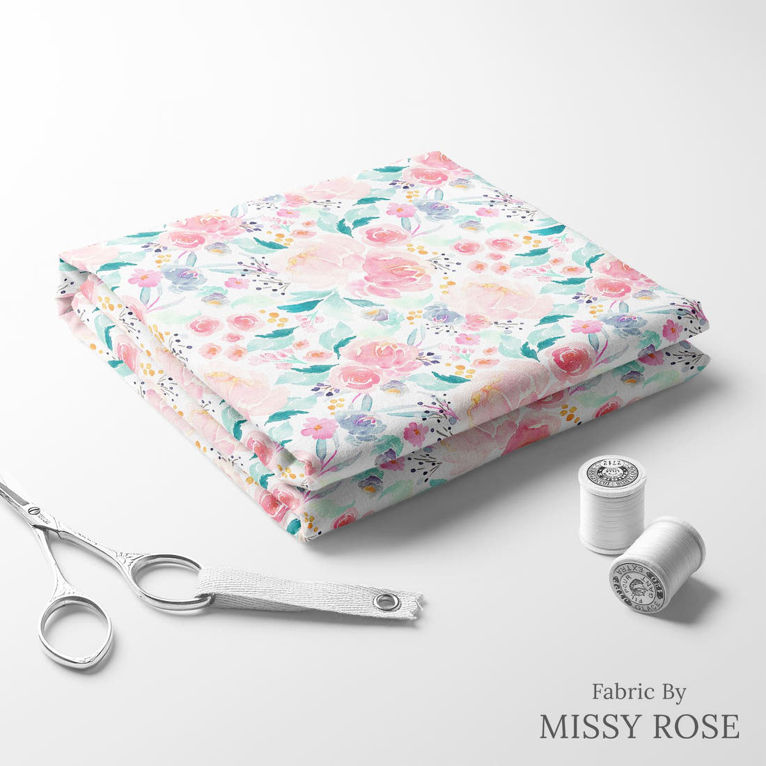 Indy Bloom Fabric Mermaid Lagoon Floral 01 folded fabric stack with matching thread - pre-order fabric Australia | Fabric by Missy Rose