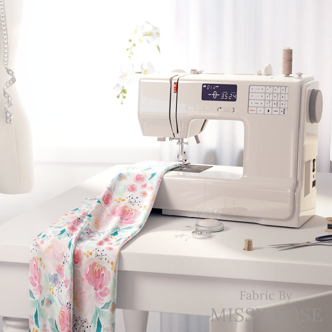 Indy Bloom Fabric Mermaid Lagoon Floral 01 fabric on a sewing machine - sew your own | Fabric by Missy Rose