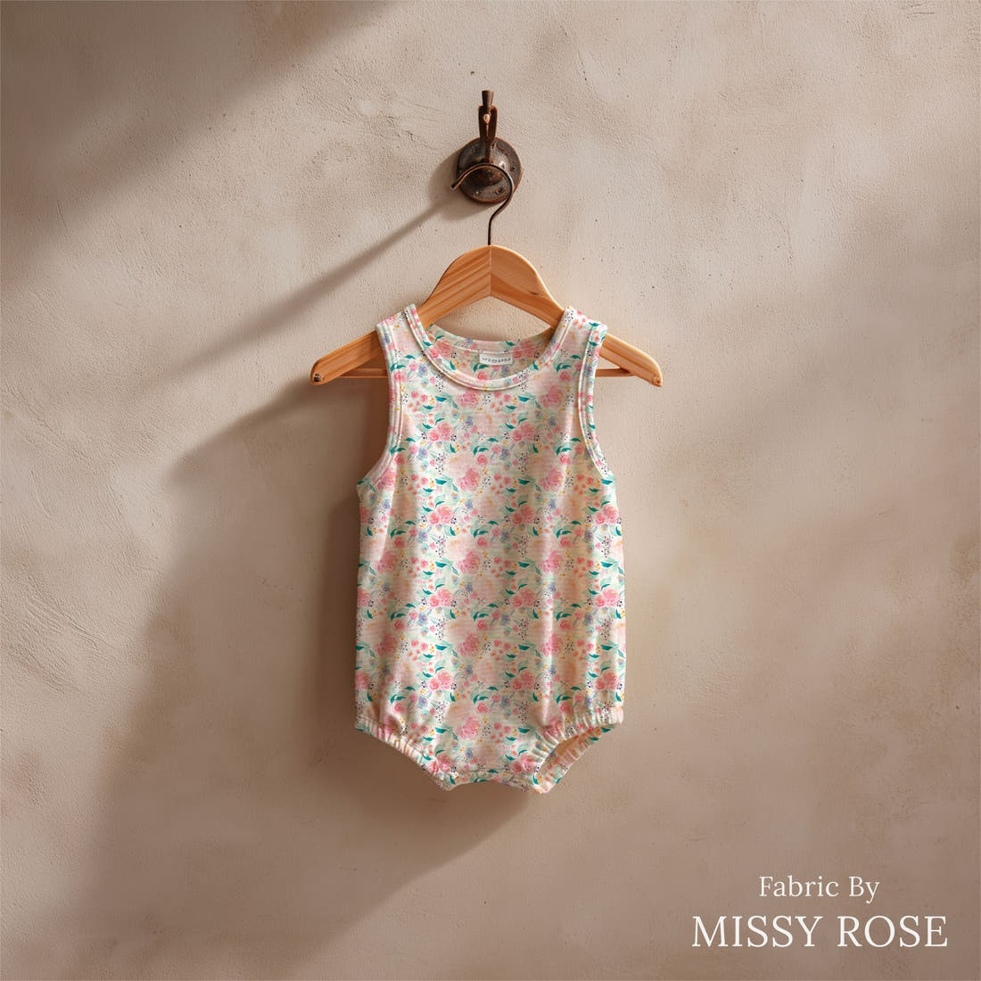 Indy Bloom Fabric Mermaid Lagoon Floral 01 sewn into a baby romper - custom printed fabric | Fabric by Missy Rose