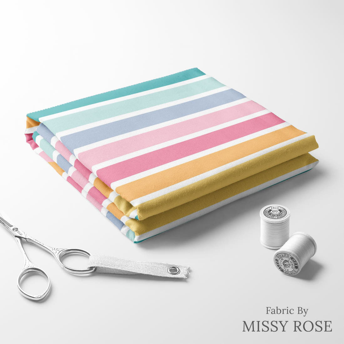 Indy Bloom Fabric Mermaid Lagoon Mermaid Stripes 06 folded fabric stack with matching thread - pre-order fabric Australia | Fabric by Missy Rose