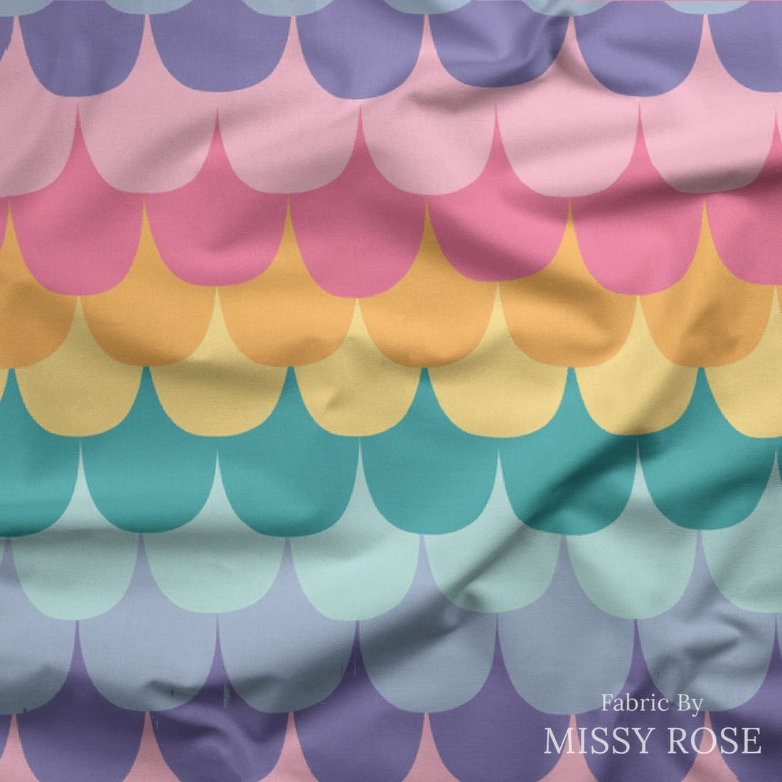 Indy Bloom Fabric Mermaid Lagoon Rainbow Tail 07 draped fabric mockup - custom printed fabric by the metre | Fabric by Missy Rose