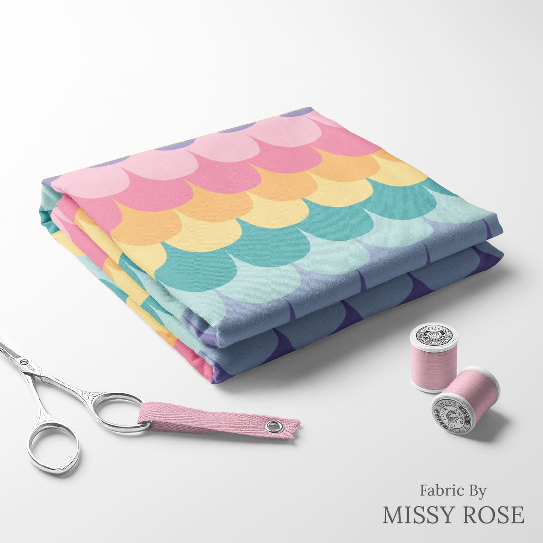 Indy Bloom Fabric Mermaid Lagoon Rainbow Tail 07 folded fabric stack with matching thread - pre-order fabric Australia | Fabric by Missy Rose