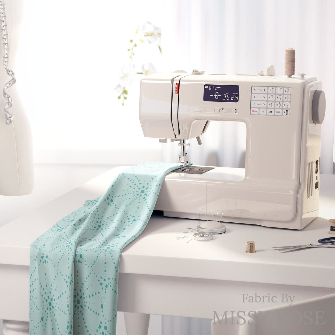 Indy Bloom Fabric Mermaid Lagoon Sandy Urchin Aqua 08 fabric on a sewing machine - sew your own | Fabric by Missy Rose