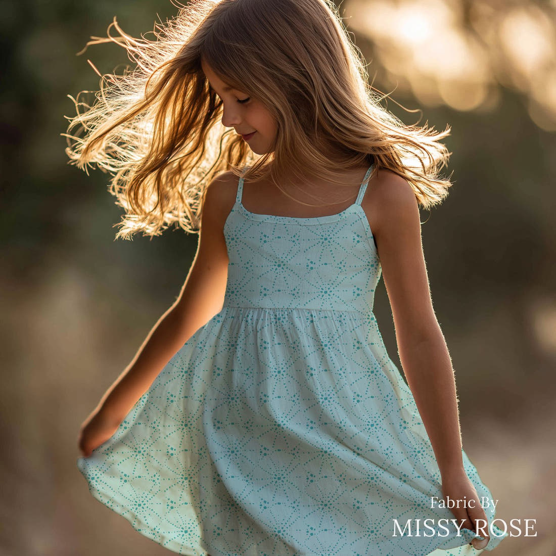 Indy Bloom Fabric Mermaid Lagoon Sandy Urchin Aqua 08 sewn into a girls' dress - custom printed fabric | Fabric by Missy Rose