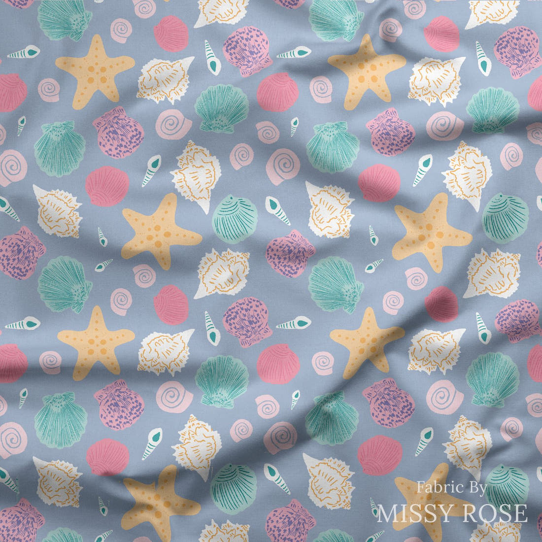 Indy Bloom Fabric Mermaid Lagoon Shells By The Shore 05 draped fabric mockup - custom printed fabric by the metre | Fabric by Missy Rose