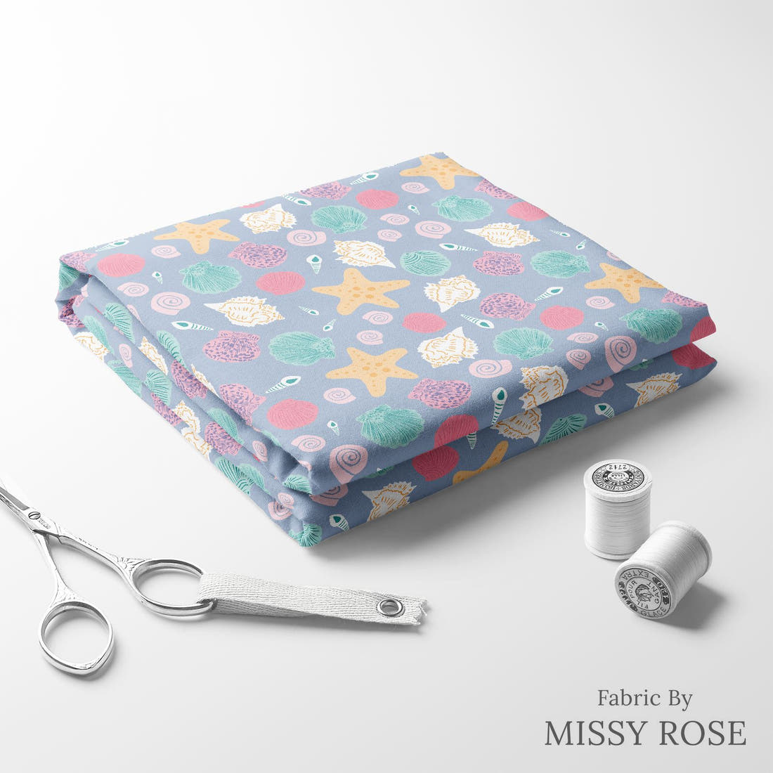 Indy Bloom Fabric Mermaid Lagoon Shells By The Shore 05 folded fabric stack with matching thread - pre-order fabric Australia | Fabric by Missy Rose
