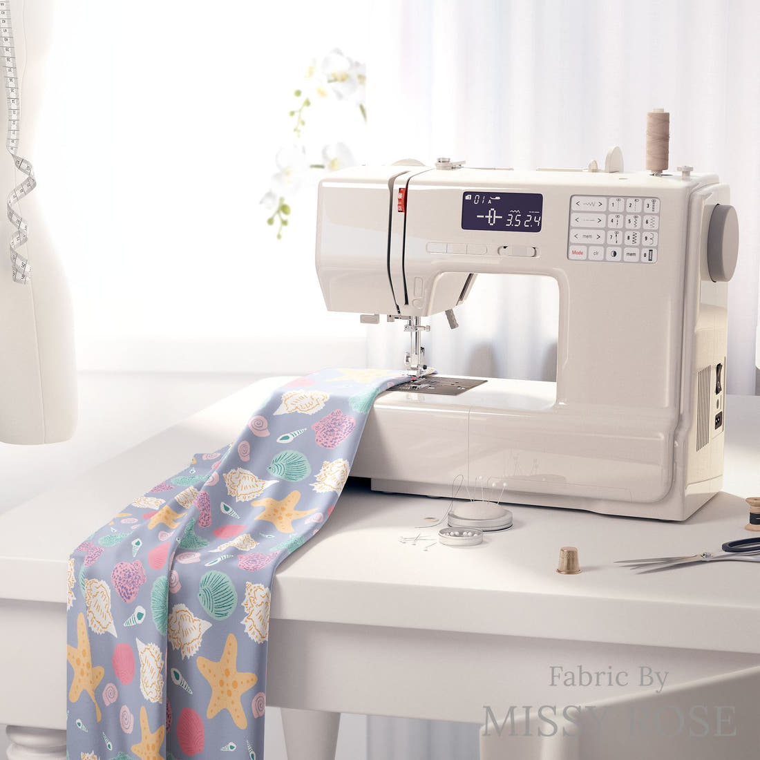 Indy Bloom Fabric Mermaid Lagoon Shells By The Shore 05 fabric on a sewing machine - sew your own | Fabric by Missy Rose