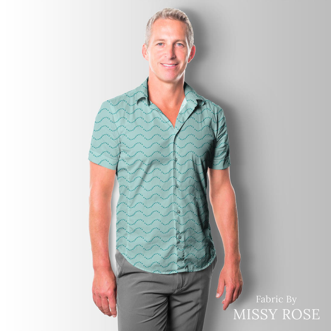 Indy Bloom Fabric Mermaid Lagoon Waves In Aqua 04 sewn into a men's shirt - custom printed fabric | Fabric by Missy Rose