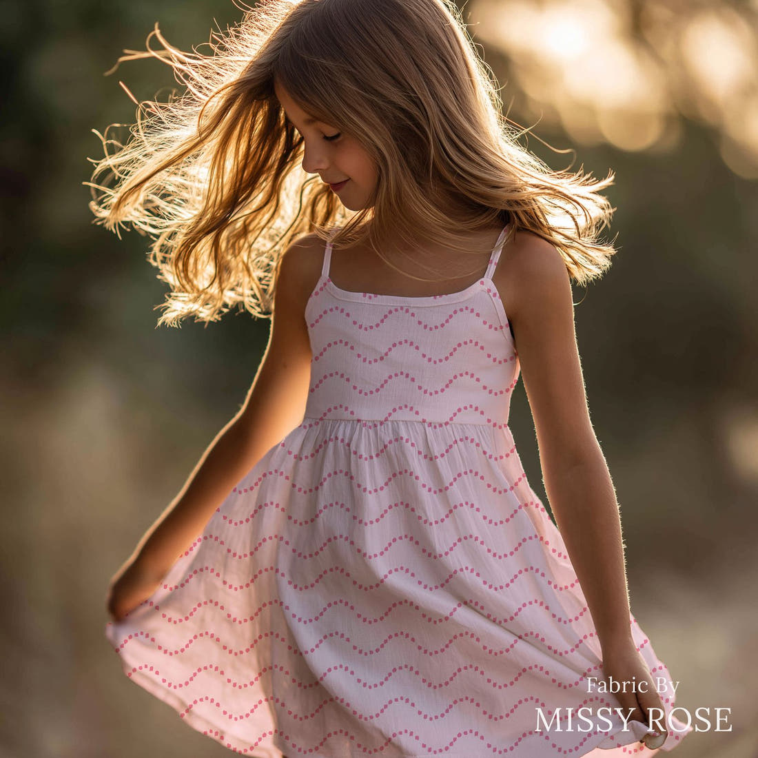 Indy Bloom Fabric Mermaid Lagoon Waves In Blush 02 sewn into a girls' dress - custom printed fabric | Fabric by Missy Rose