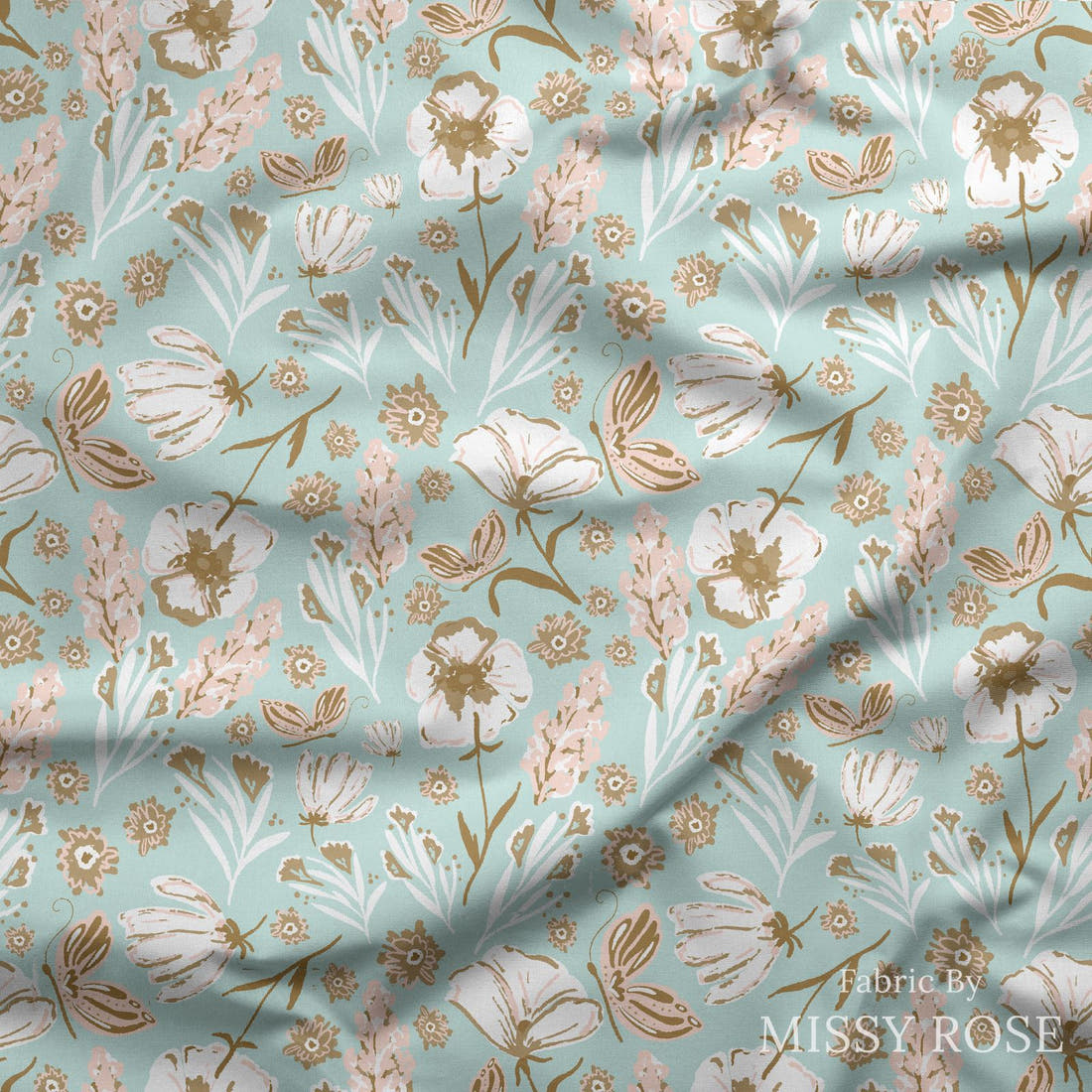 Indy Bloom Fabric Princess Peonies Butterfly Fields 02 draped fabric mockup - custom printed fabric by the metre | Fabric by Missy Rose