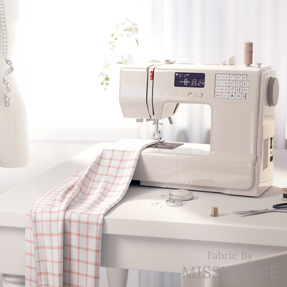 Indy Bloom Fabric Princess Peonies Pink Gingham 05 fabric on a sewing machine - sew your own | Fabric by Missy Rose