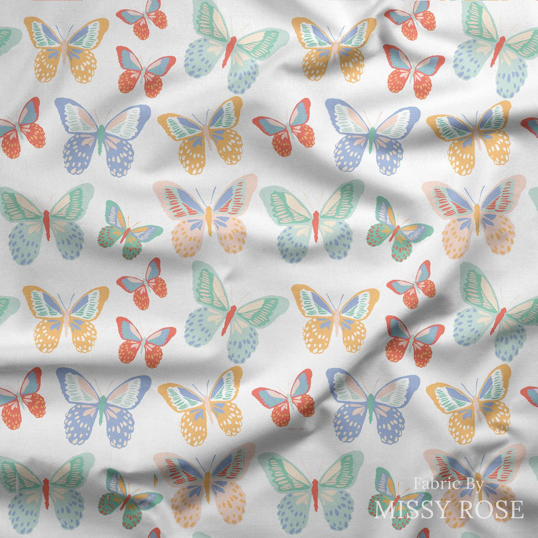 Indy Bloom Fabric Retro Summer Butterfly Rainbow 03 draped fabric mockup - custom printed fabric by the metre | Fabric by Missy Rose