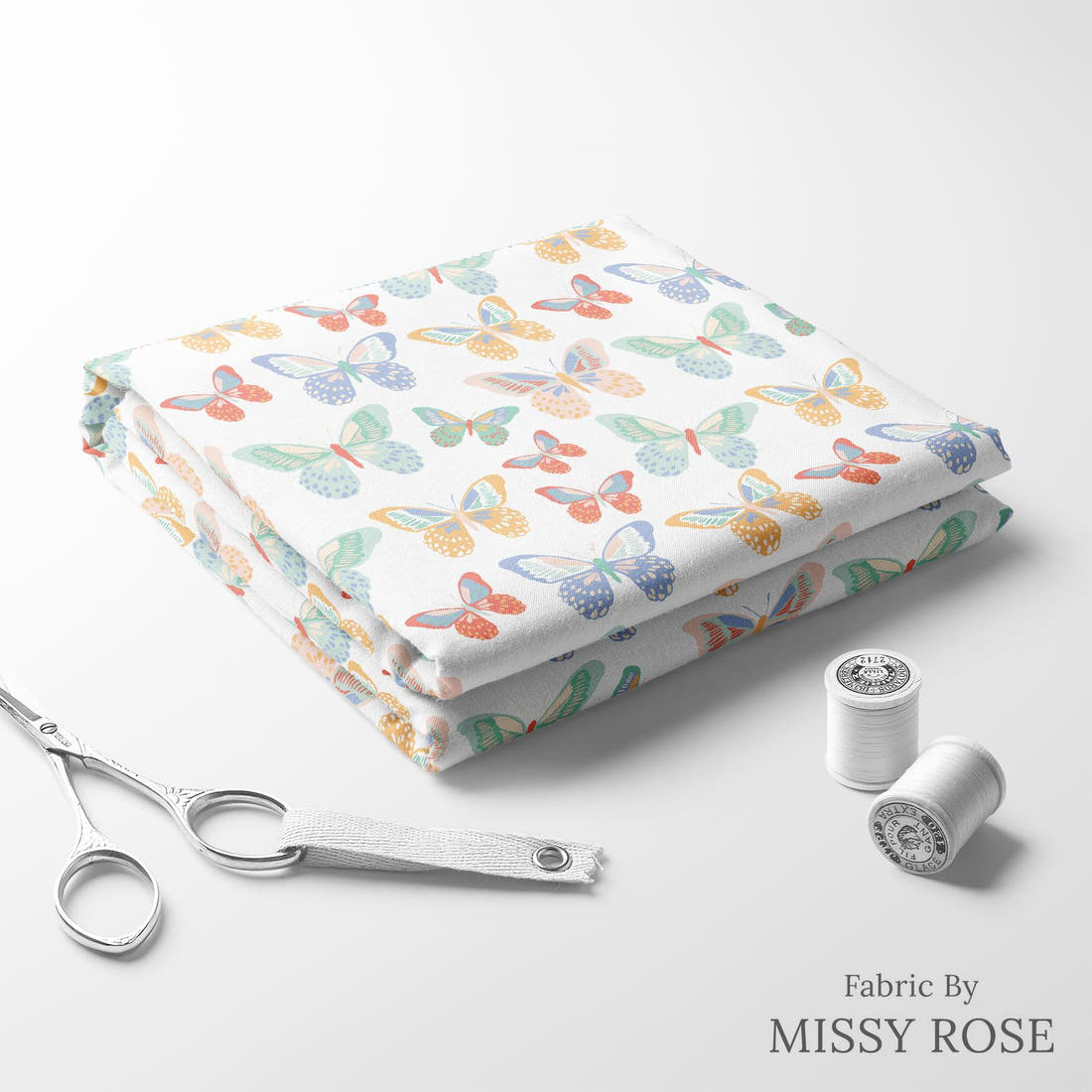 Indy Bloom Fabric Retro Summer Butterfly Rainbow 03 folded fabric stack with matching thread - pre-order fabric Australia | Fabric by Missy Rose