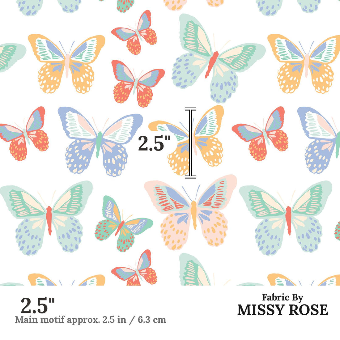 Indy Bloom Fabric Retro Summer Butterfly Rainbow 03 2.5 inch print scale guide | Fabric by Missy Rose