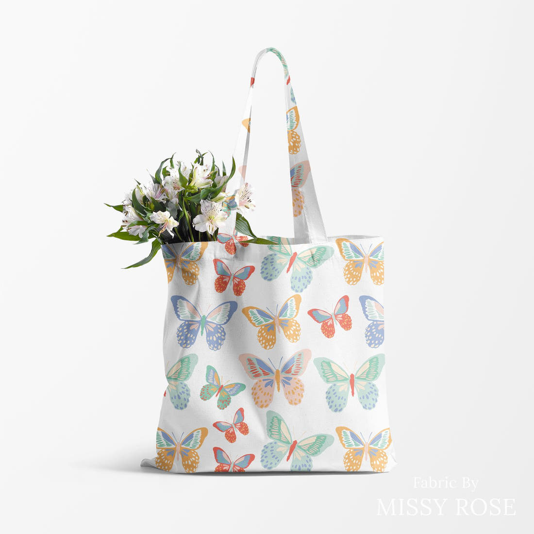 Indy Bloom Fabric Retro Summer Butterfly Rainbow 03 made up as a tote bag - custom printed fabric | Fabric by Missy Rose