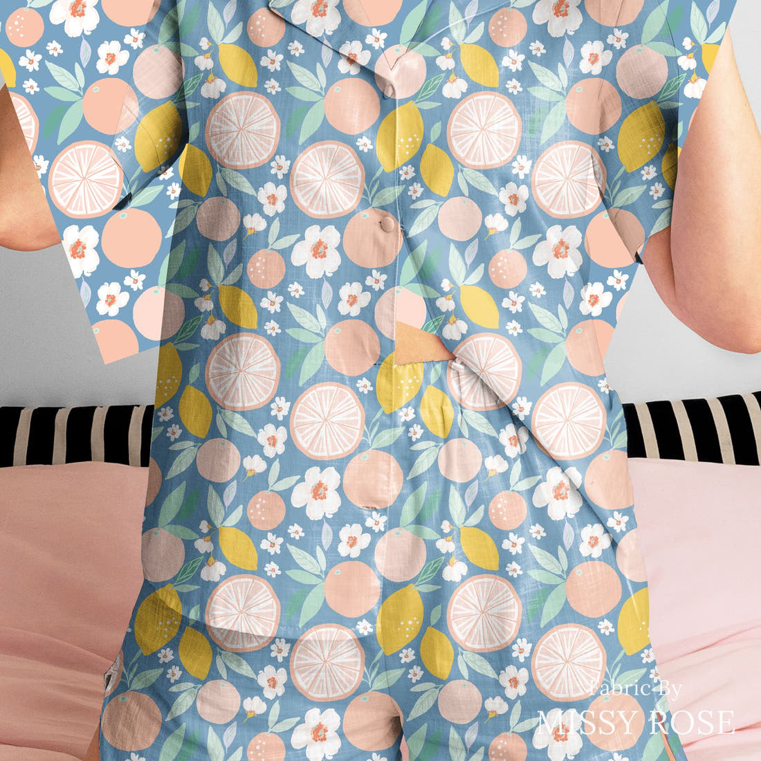 Indy Bloom Fabric Retro Summer Grapefruit 23 sewn into a women's pyjama set - custom printed fabric | Fabric by Missy Rose