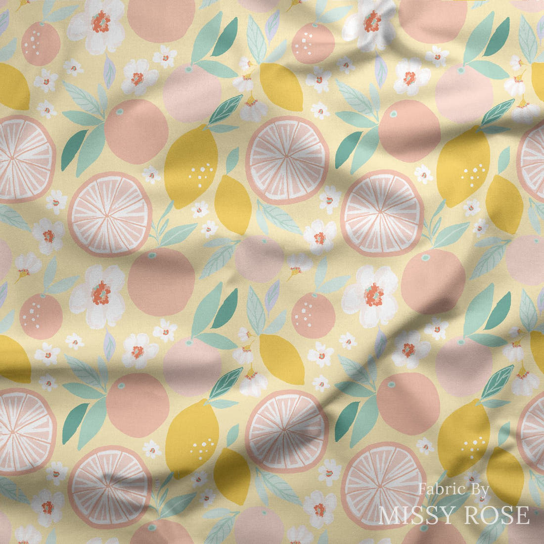Indy Bloom Fabric Retro Summer Grapefruit Yellow 22 draped fabric mockup - custom printed fabric by the metre | Fabric by Missy Rose