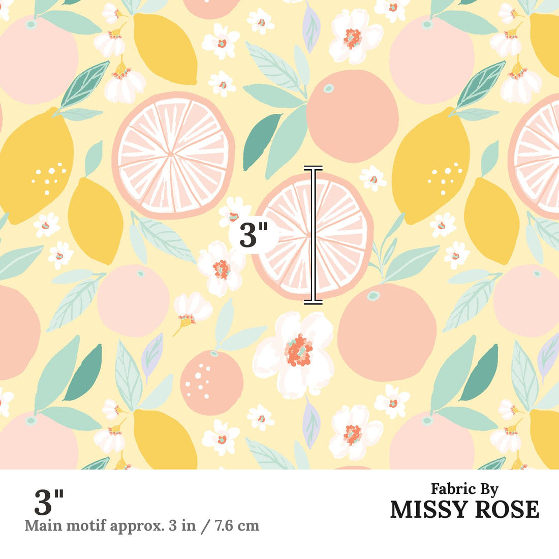 Indy Bloom Fabric Retro Summer Grapefruit Yellow 22 3 inch print scale guide | Fabric by Missy Rose