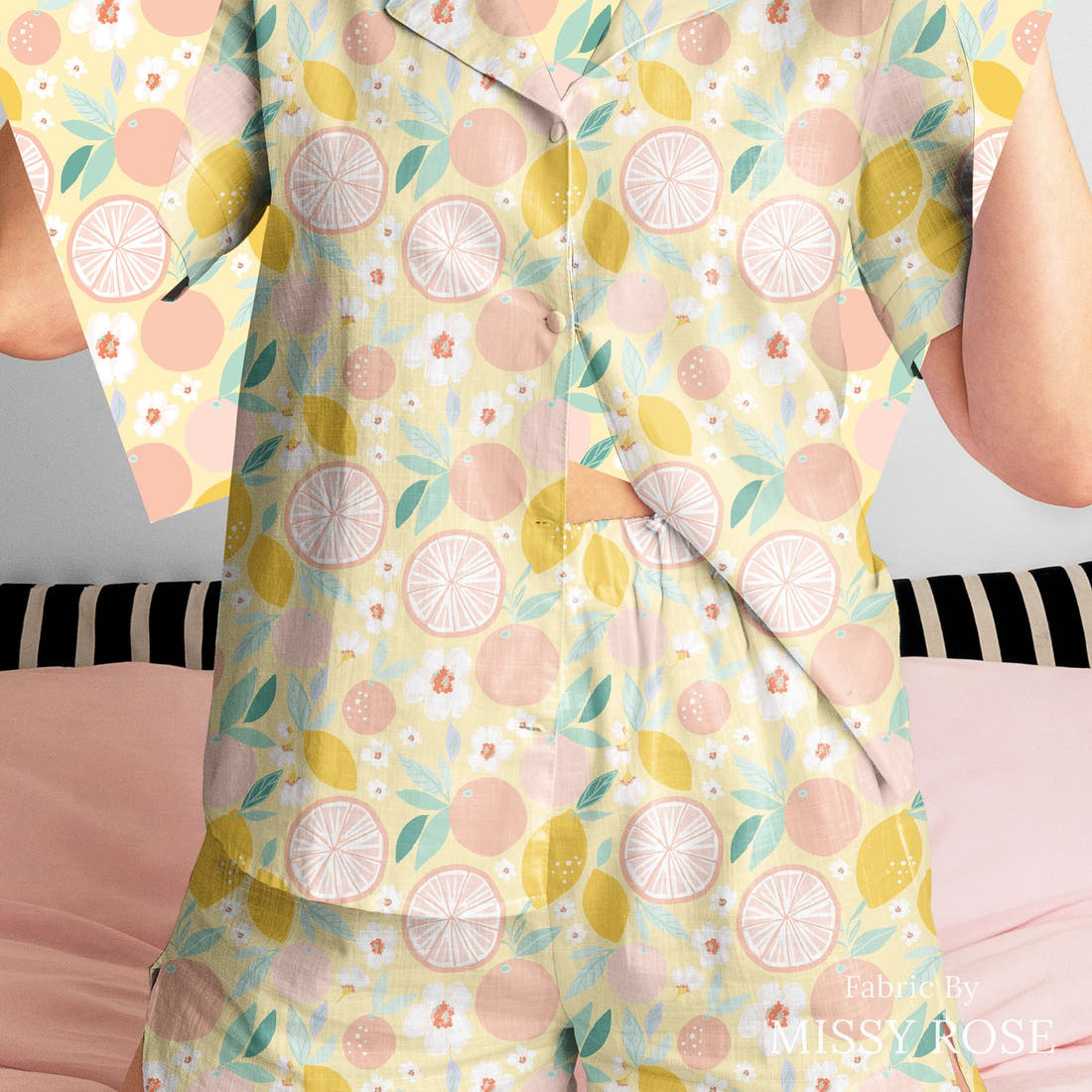 Indy Bloom Fabric Retro Summer Grapefruit Yellow 22 sewn into a women's pyjama set - custom printed fabric | Fabric by Missy Rose