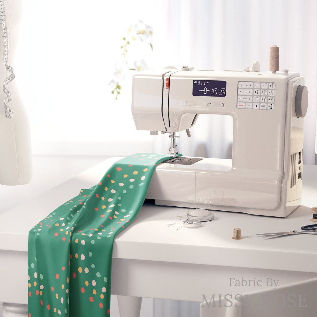 Indy Bloom Fabric Retro Summer Green 14 fabric on a sewing machine - sew your own | Fabric by Missy Rose