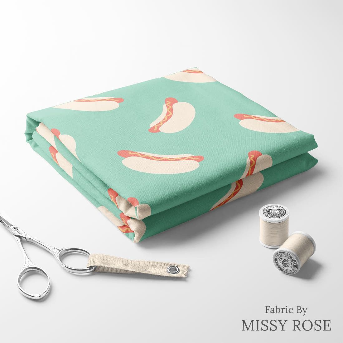 Indy Bloom Fabric Retro Summer Hotdog 07 folded fabric stack with matching thread - pre-order fabric Australia | Fabric by Missy Rose