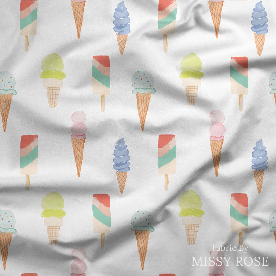 Indy Bloom Fabric Retro Summer Ice Cream 09 draped fabric mockup - custom printed fabric by the metre | Fabric by Missy Rose