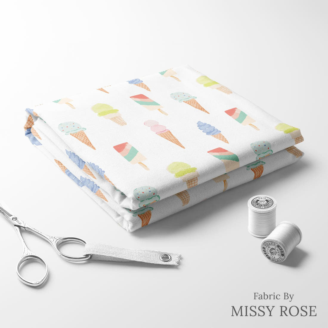 Indy Bloom Fabric Retro Summer Ice Cream 09 folded fabric stack with matching thread - pre-order fabric Australia | Fabric by Missy Rose