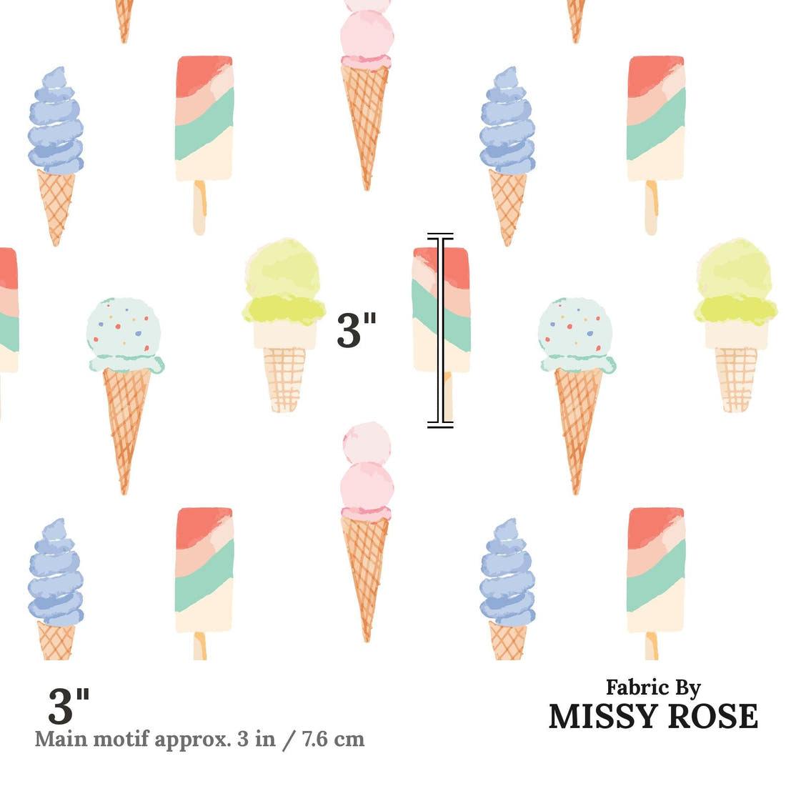 Indy Bloom Fabric Retro Summer Ice Cream 09 3 inch print scale guide | Fabric by Missy Rose