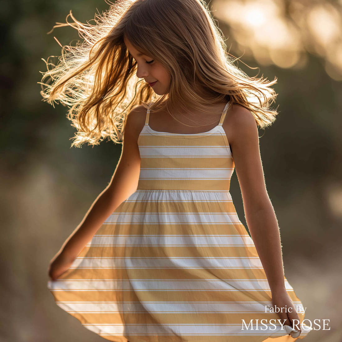 Indy Bloom Fabric Retro Summer Orange Stripe 21 sewn into a girls' dress - custom printed fabric | Fabric by Missy Rose
