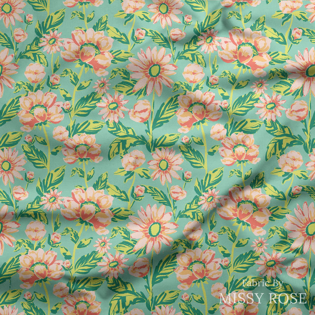 Indy Bloom Fabric Retro Summer Peachy Peony 01 draped fabric mockup - custom printed fabric by the metre | Fabric by Missy Rose