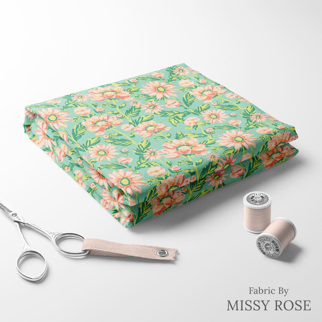 Indy Bloom Fabric Retro Summer Peachy Peony 01 folded fabric stack with matching thread - pre-order fabric Australia | Fabric by Missy Rose