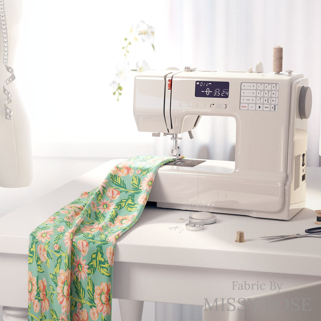 Indy Bloom Fabric Retro Summer Peachy Peony 01 fabric on a sewing machine - sew your own | Fabric by Missy Rose