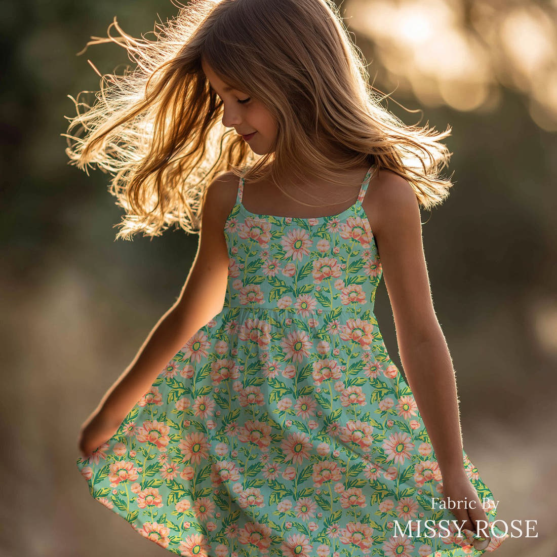 Indy Bloom Fabric Retro Summer Peachy Peony 01 sewn into a girls' dress - custom printed fabric | Fabric by Missy Rose