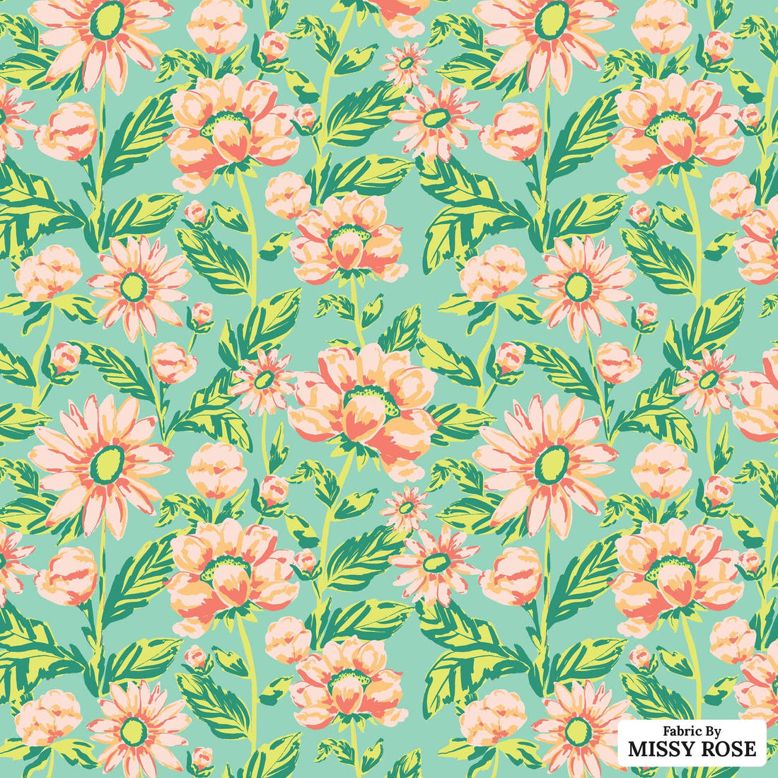 Indy Bloom Fabric Retro Summer Peachy Peony 01 flat view of the printed design | Fabric by Missy Rose