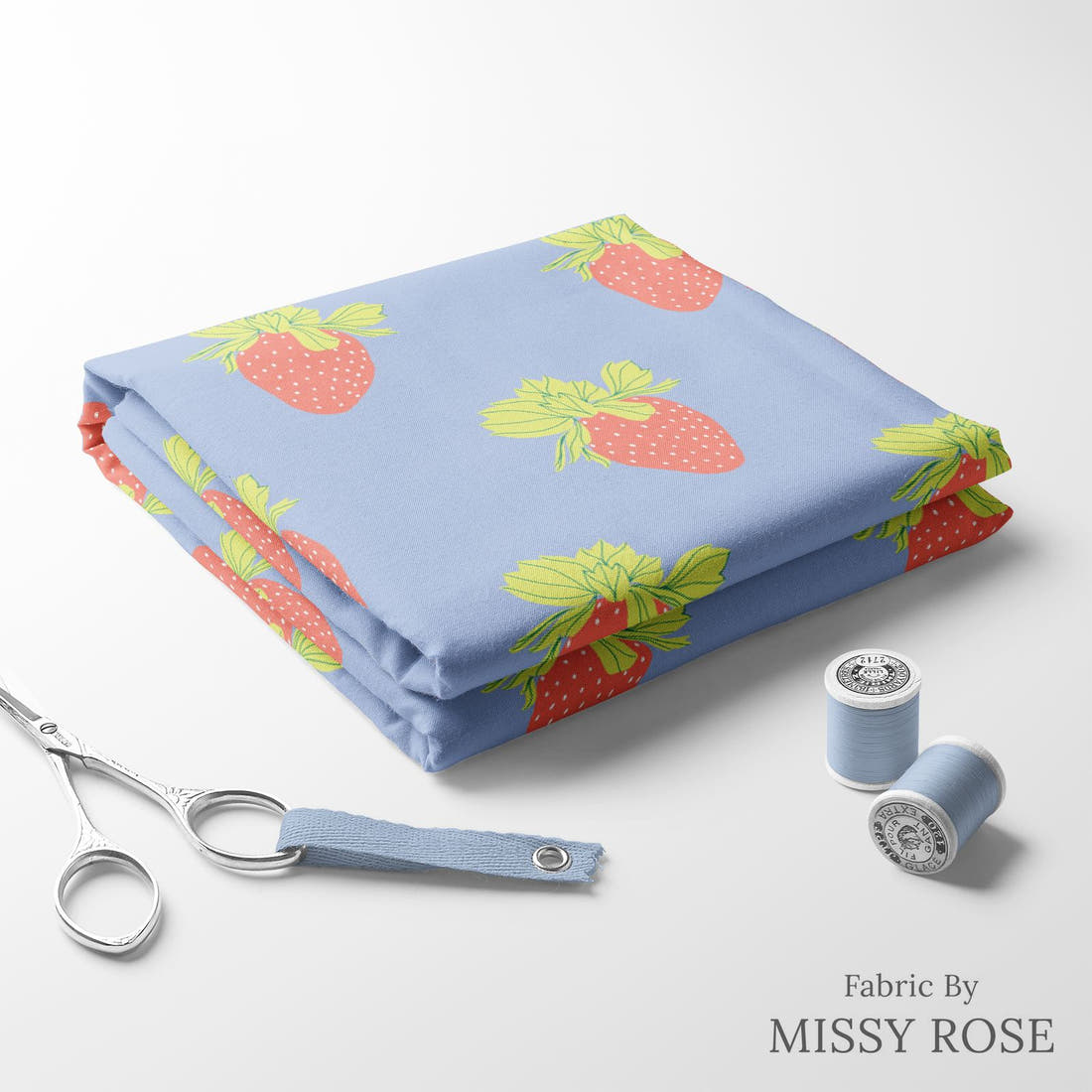Indy Bloom Fabric Retro Summer Periwinkle Strawberry 11 folded fabric stack with matching thread - pre-order fabric Australia | Fabric by Missy Rose
