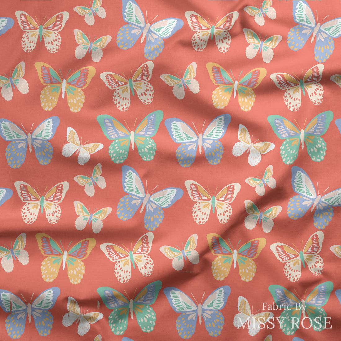 Indy Bloom Fabric Retro Summer Rad Butterfly 02 draped fabric mockup - custom printed fabric by the metre | Fabric by Missy Rose