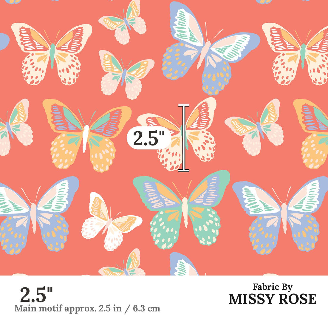 Indy Bloom Fabric Retro Summer Rad Butterfly 02 2.5 inch print scale guide | Fabric by Missy Rose