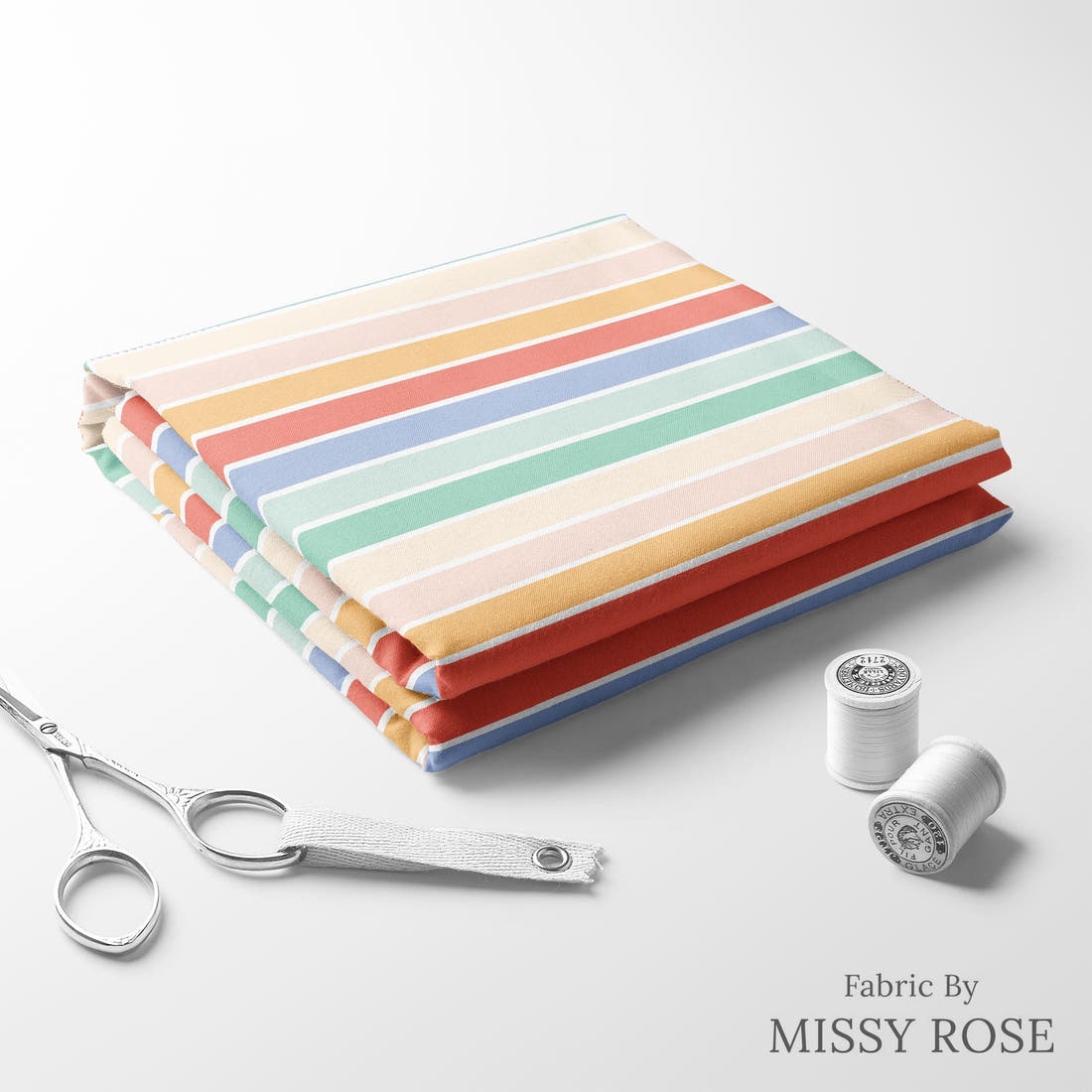 Indy Bloom Fabric Retro Summer Rainbow Stripe 17 folded fabric stack with matching thread - pre-order fabric Australia | Fabric by Missy Rose