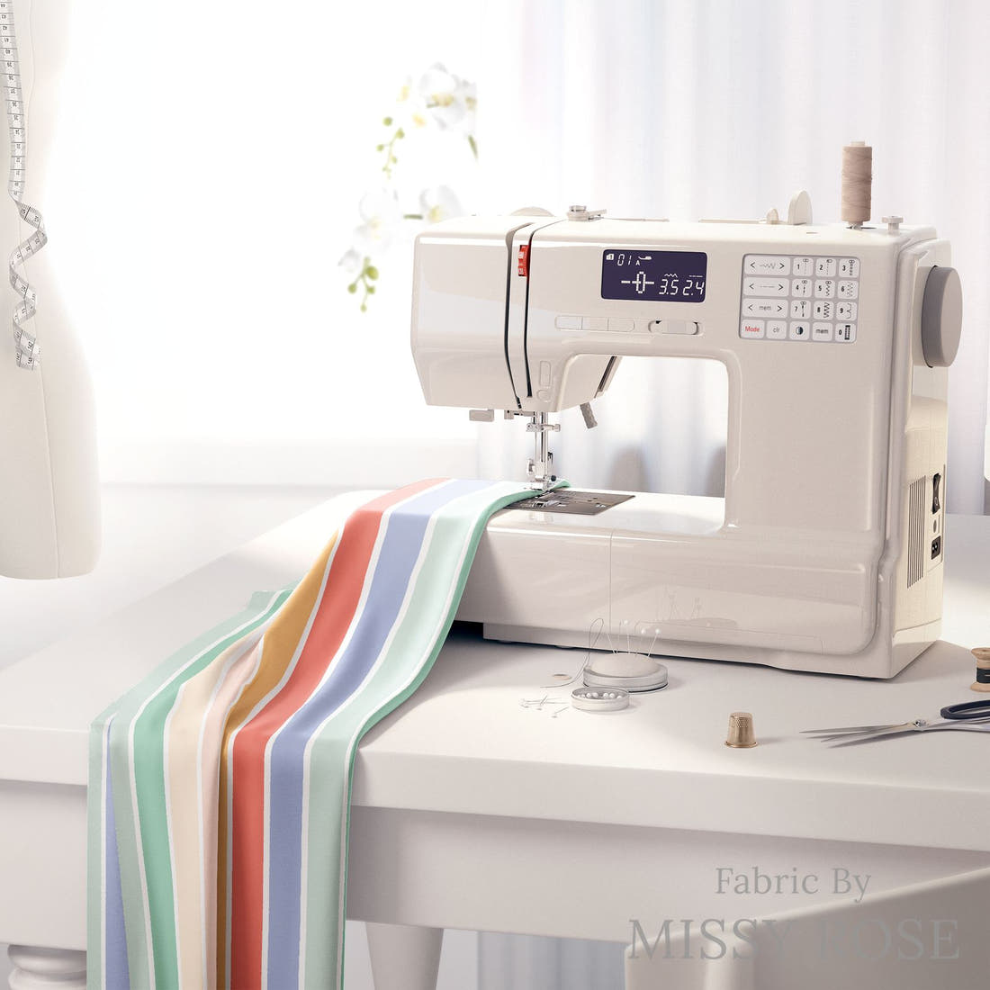 Indy Bloom Fabric Retro Summer Rainbow Stripe 17 fabric on a sewing machine - sew your own | Fabric by Missy Rose