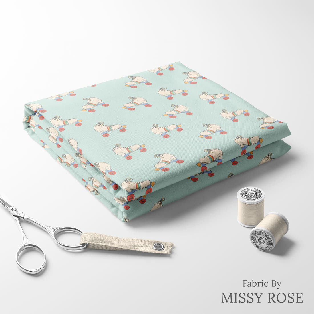 Indy Bloom Fabric Retro Summer Skates 05 folded fabric stack with matching thread - pre-order fabric Australia | Fabric by Missy Rose