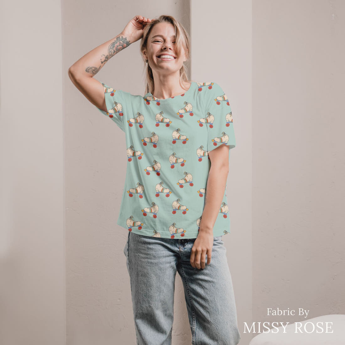 Indy Bloom Fabric Retro Summer Skates 05 sewn into an all-over print shirt - custom printed fabric | Fabric by Missy Rose