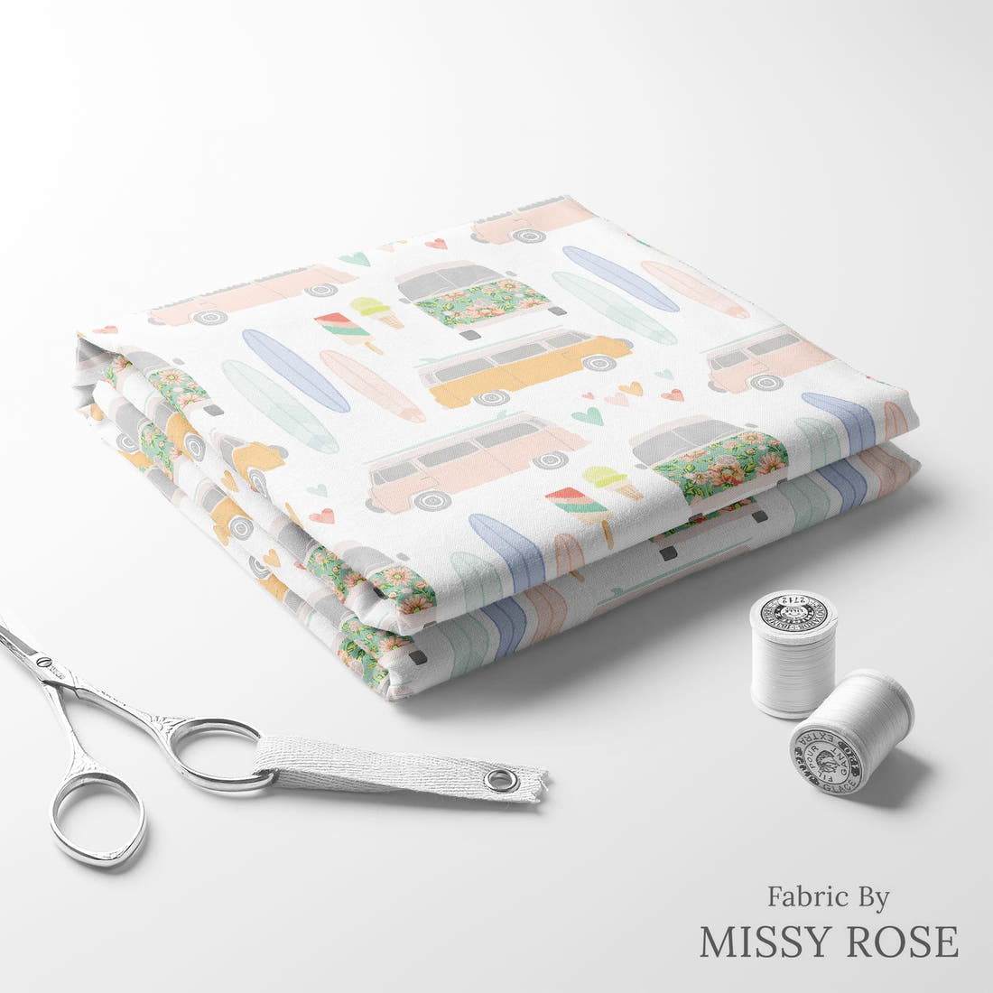 Indy Bloom Fabric Retro Summer Vibes 06 folded fabric stack with matching thread - pre-order fabric Australia | Fabric by Missy Rose