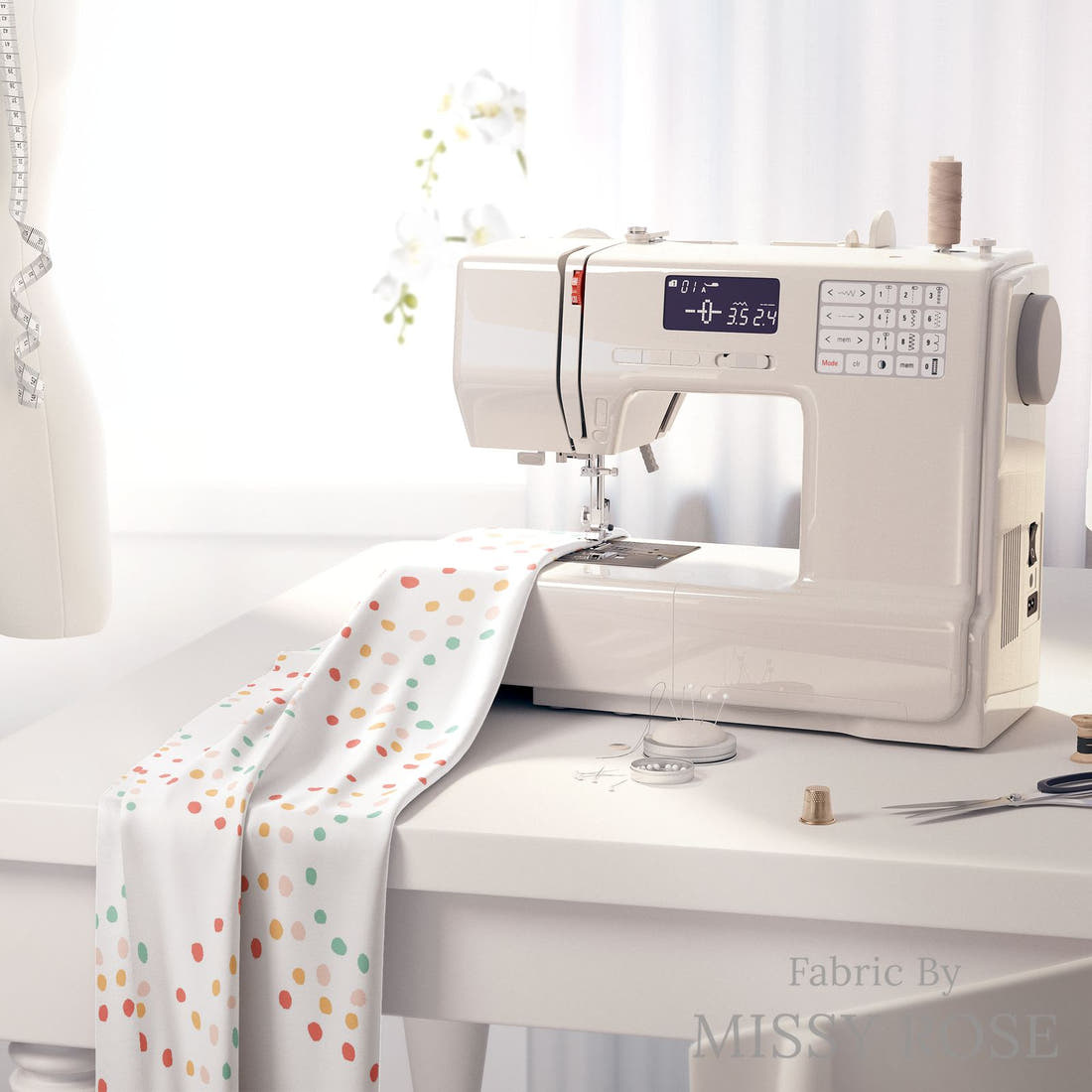 Indy Bloom Fabric Retro Summer White 15 fabric on a sewing machine - sew your own | Fabric by Missy Rose