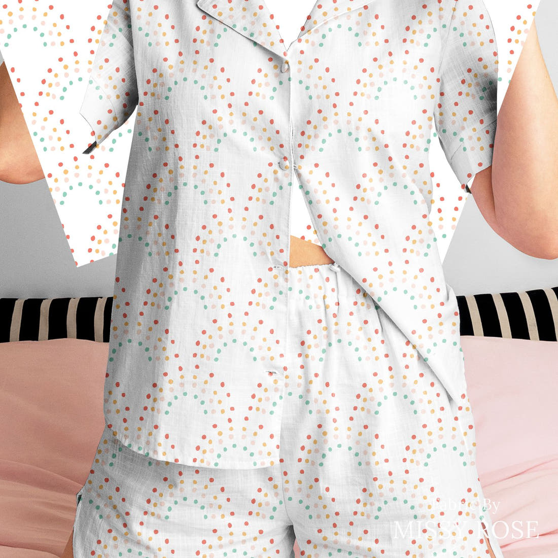 Indy Bloom Fabric Retro Summer White 15 sewn into a women's pyjama set - custom printed fabric | Fabric by Missy Rose