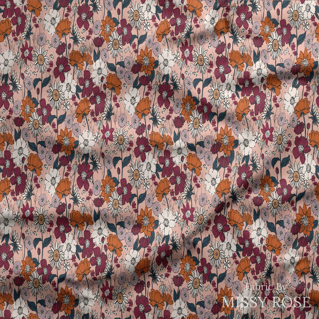 Indy Bloom Fabric Scarlet Autumn Dusty Pink 01 draped fabric mockup - custom printed fabric by the metre | Fabric by Missy Rose