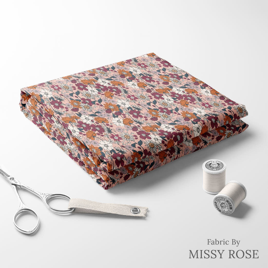 Indy Bloom Fabric Scarlet Autumn Dusty Pink 01 folded fabric stack with matching thread - pre-order fabric Australia | Fabric by Missy Rose