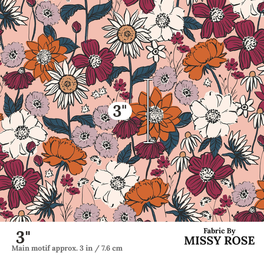 Indy Bloom Fabric Scarlet Autumn Dusty Pink 01 3 inch print scale guide | Fabric by Missy Rose