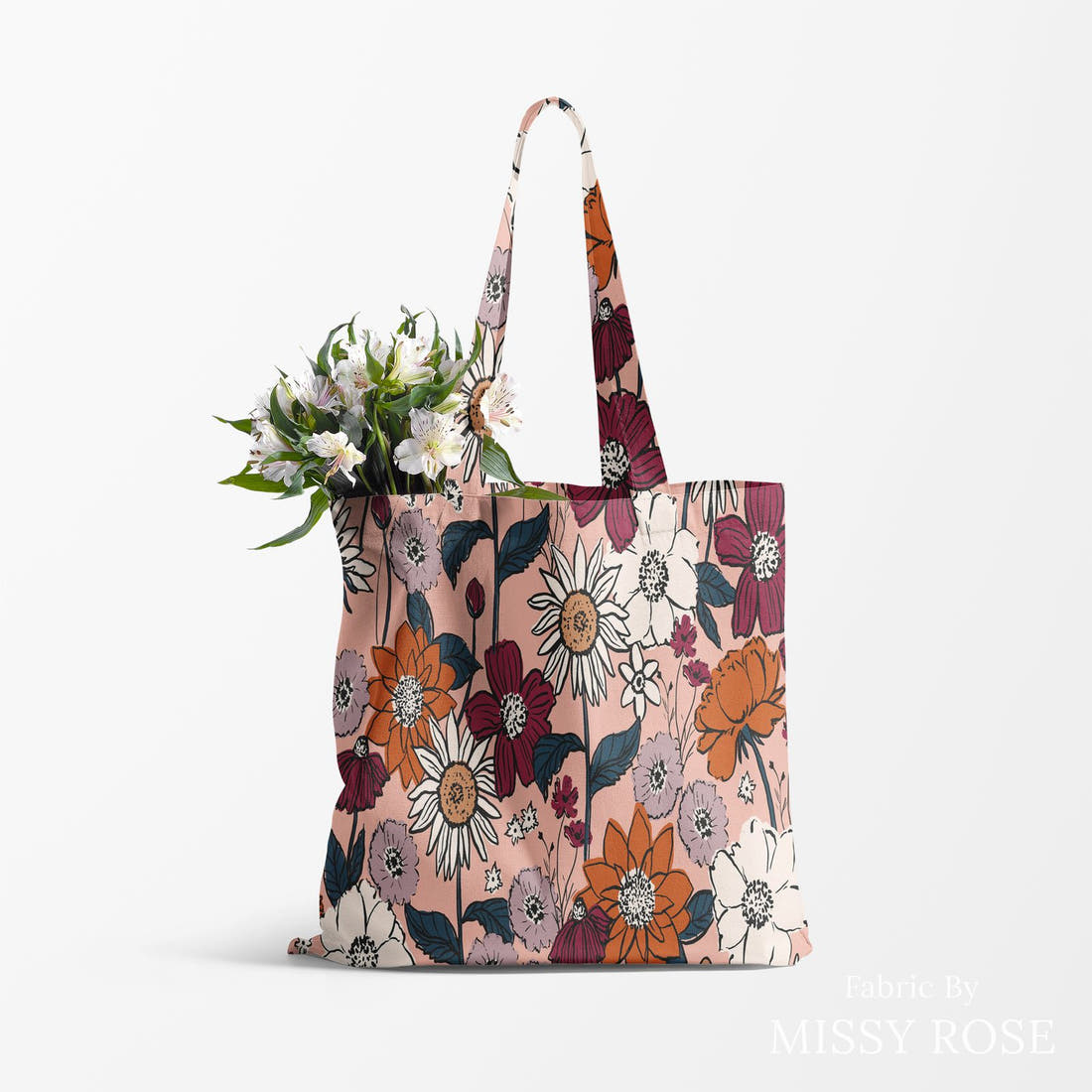 Indy Bloom Fabric Scarlet Autumn Dusty Pink 01 made up as a tote bag - custom printed fabric | Fabric by Missy Rose