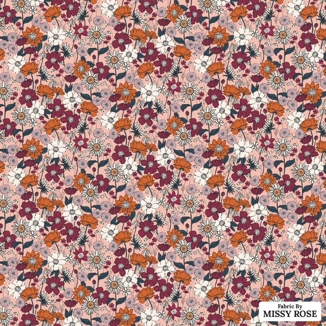 Indy Bloom Fabric Scarlet Autumn Dusty Pink 01 flat view of the printed design | Fabric by Missy Rose