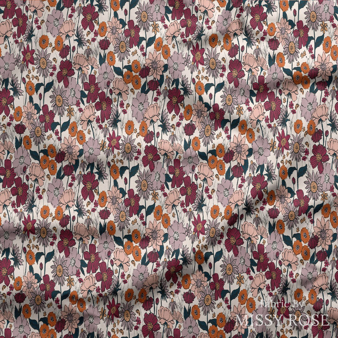 Indy Bloom Fabric Scarlet Autumn Ivory 11 draped fabric mockup - custom printed fabric by the metre | Fabric by Missy Rose
